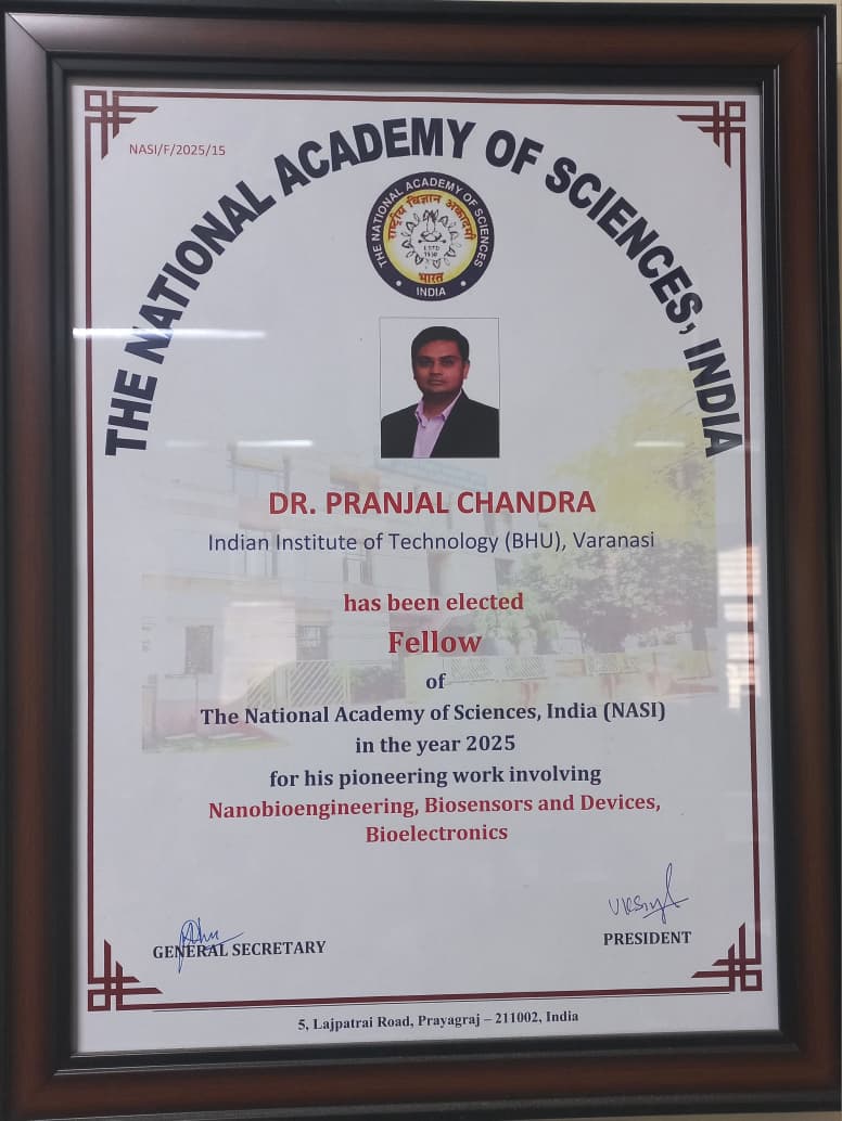 Framed certificate from The National Academy of Sciences, India, electing Dr. Pranjal Chandra a Fellow in 2025