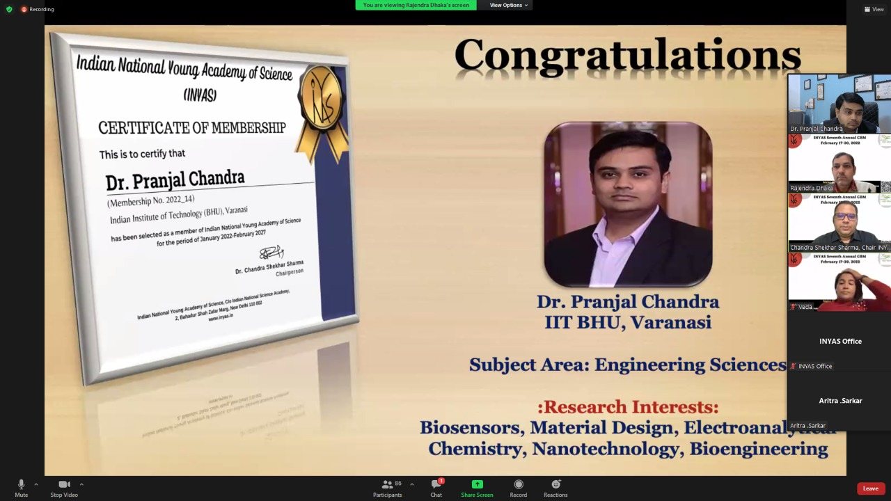 Dr. Chandra acknowledged as the Member of Indian National Young Academy of Science