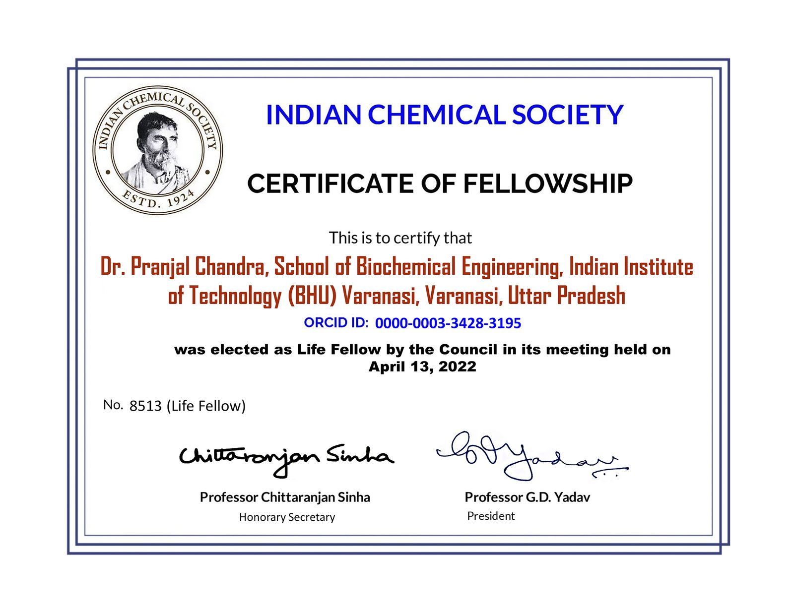 Dr. Chandra elected as the Life fellow of Indian Chemical Society